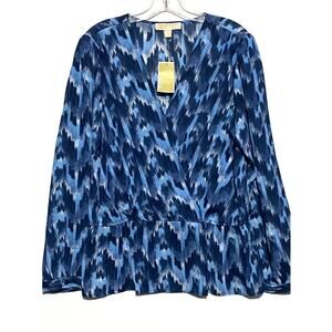 Michael Kors Faux Wrap Blue V Neck Coastal Lagenlook Peasant Flowy Womens L NWT